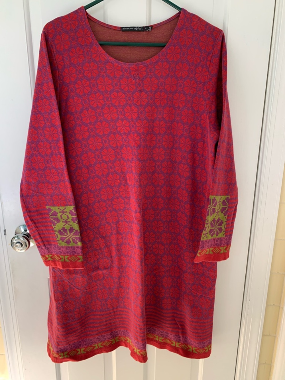 Cute Gudrun Sjoden Red Tunic Dress with Green Accent Panels